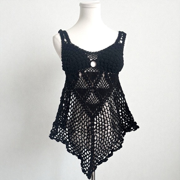 Tops - Crochet Whimsigoth Lace Tank Top – Black Hand-Knit Boho Mesh Fairycore S/M